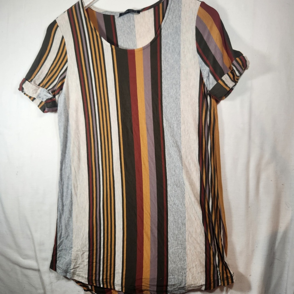 Rayon Final Touch Womens Vertical Stripe Short Sleeve Scoop Neck Top EarthTones